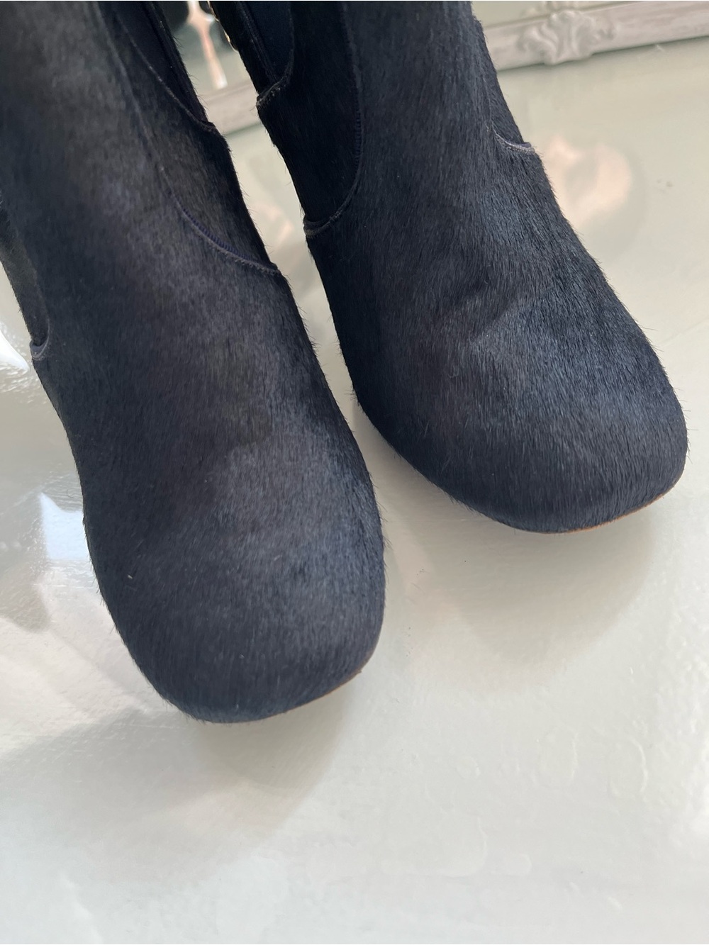 Tory Burch navy Pony-Hair Ankle Boots with Gold Dragonfly Heels - Picture 6 of 6
